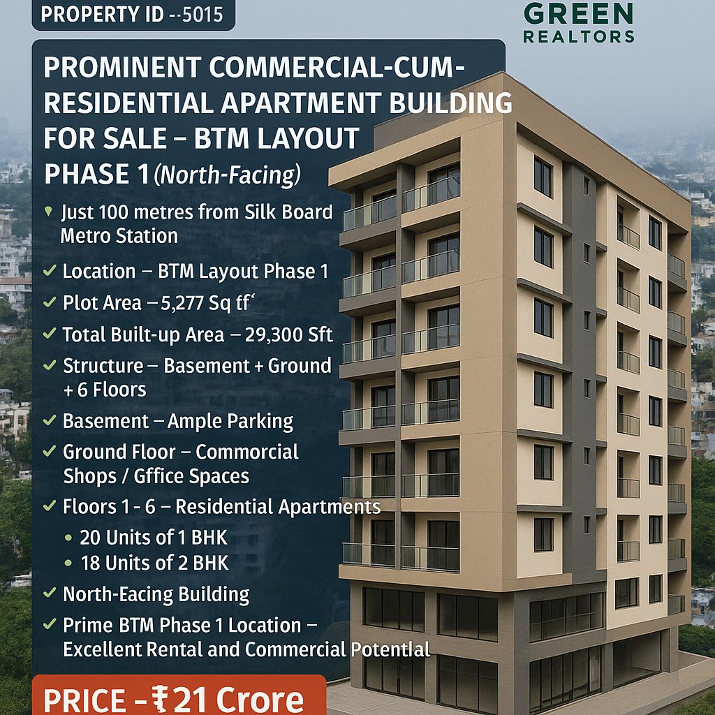 Prominent Commercial-cum-Residential Apartment Building for Sale – BTM Layout Phase 1 (North-Facing) 📍 Just 100 metres from Silk Board Metro Station